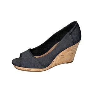 TOMS Women's Dark Denim Peep Toe Slip-On 3.5" Cork Platform Shoes 7